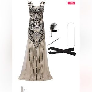 2PCS SEQUIN MAXI 1920S DRESS & ACCESSORIES SET